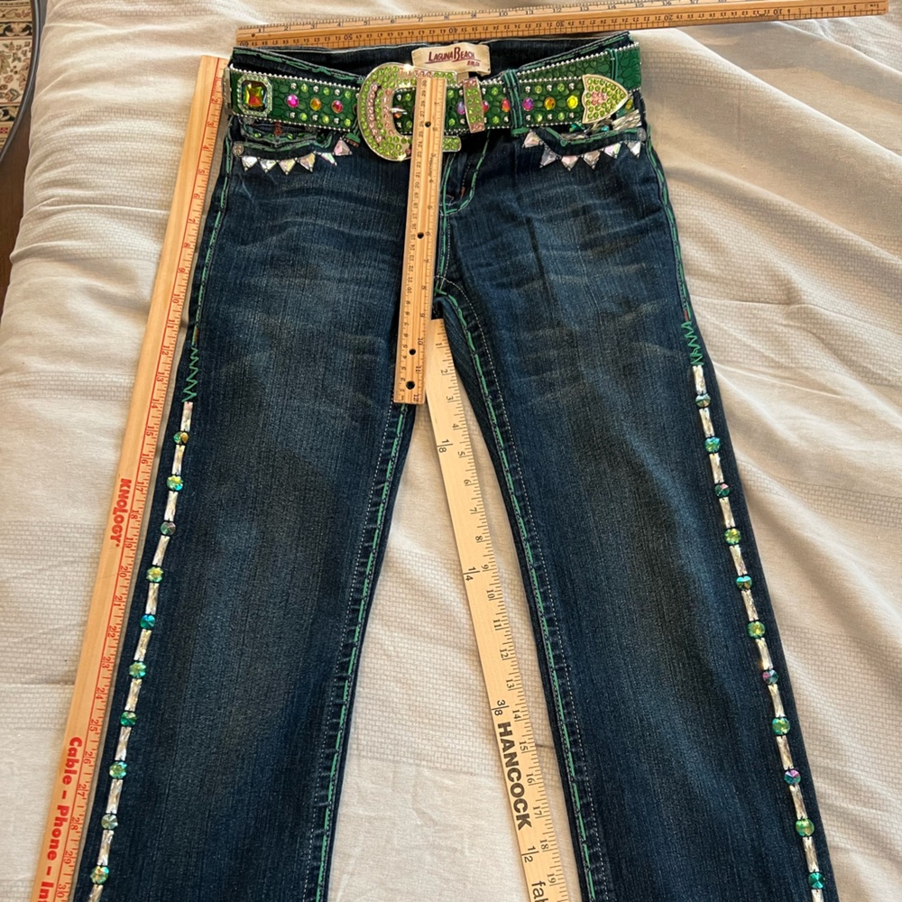 Laguna beach Sz 26 extra Embellished bling green top stitches Blue Jeans flashy
